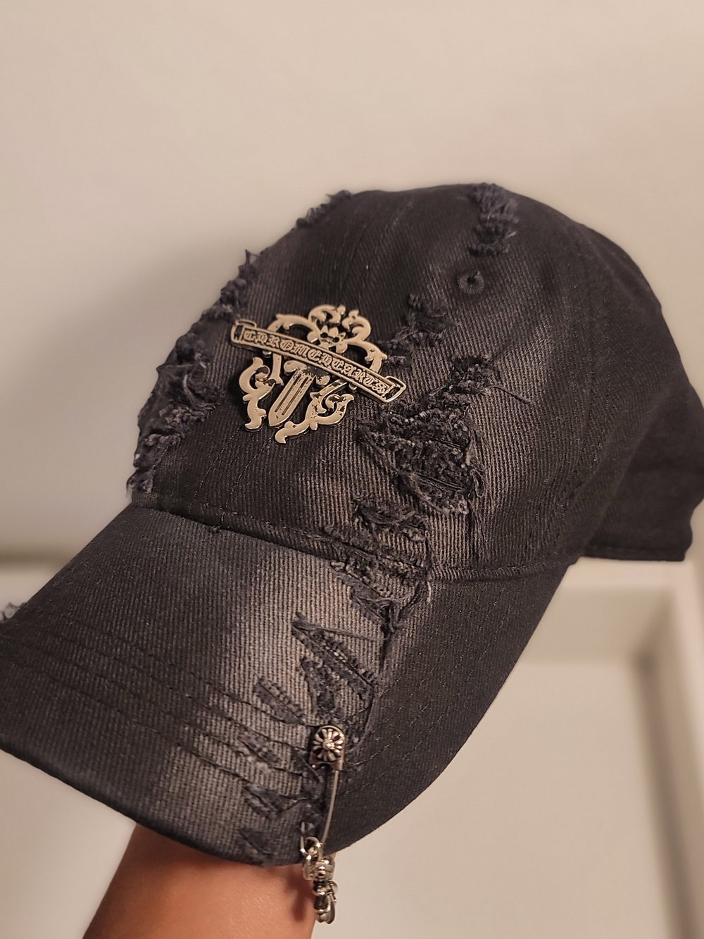 Chrome Hearts Distressed Black Baseball Cap with Staple Cross